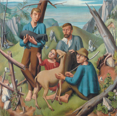 Eduard Gubler. Bergbauern mit Schafen 1922. Öl auf Leinwand. 149,5 x 149,5 cm