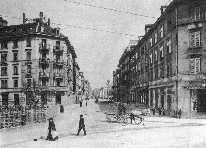 Langstrasse in Zürich-Aussersihl von der Badenerstrasse aus. Um 1910