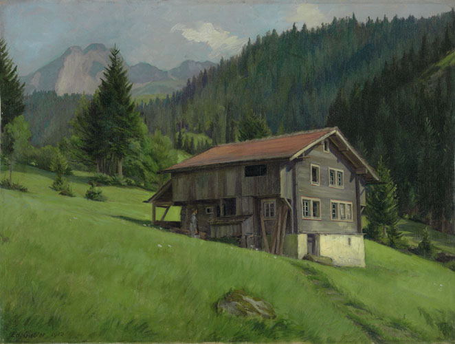 Heinrich Eduard Gubler. «Haus in der Weid». Riedertal 1912. Oel auf Leinwand. 39 x 52 cm