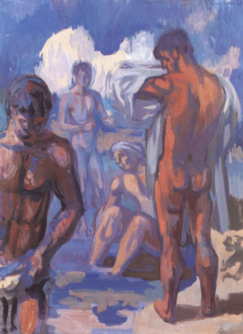 Ernst Gubler. Vier badende Männer in Landschaft. Um 1937. Tempera auf Pavatex. 73 x 54 cm